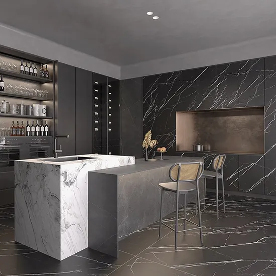 Artificial Stone Sintered Stone Countertops Wall Cladding Glossy Finished Black Marquina Sintered Slab 